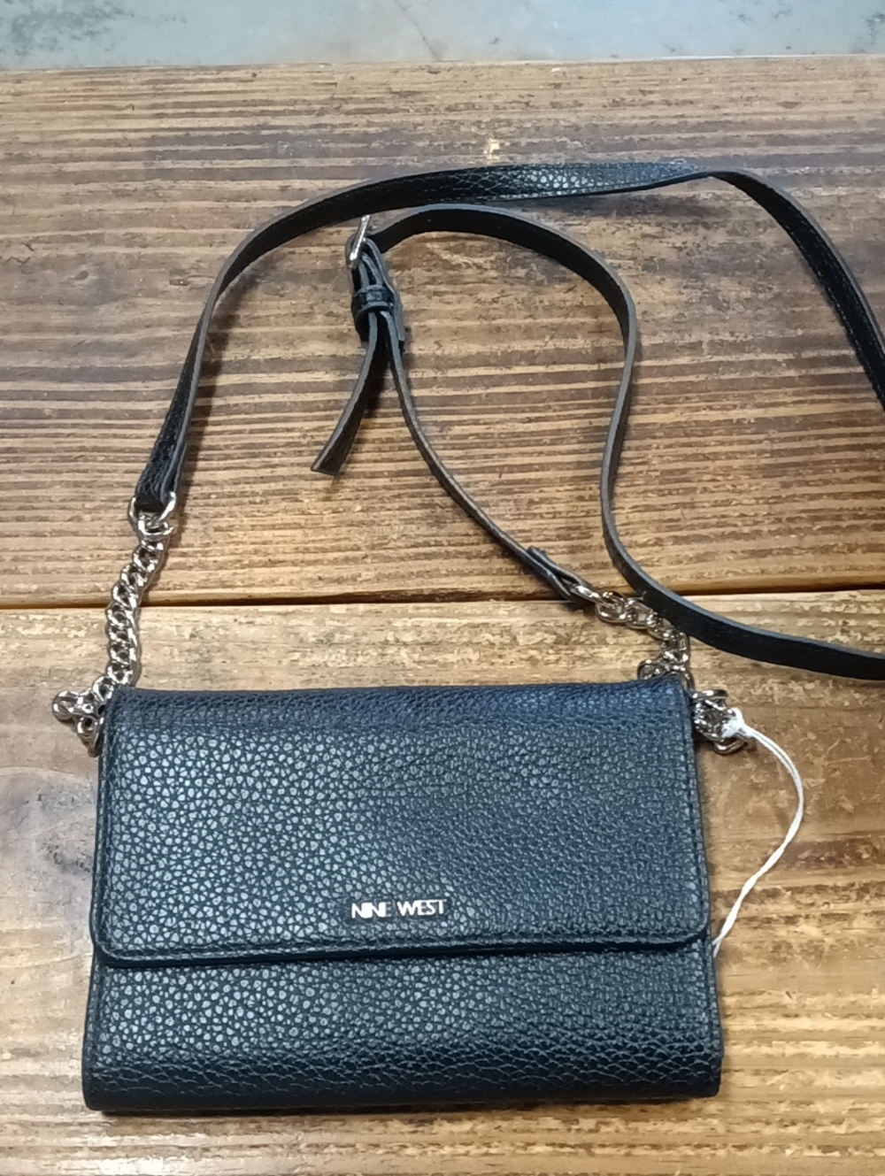 Nine West Black Pebbled Crossbody Wallet Bag with Chain Strap